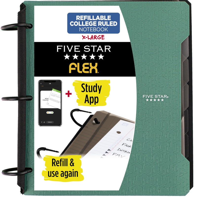 Five Star Flex Refillable Notebook + Study App, College Ruled Paper and 1-1/2 Inch TechLock Ring Binder with Pockets, Tabs and Dividers, 300 Sheet Capacity, Seaglass Green (29324AQ8) - Image 1
